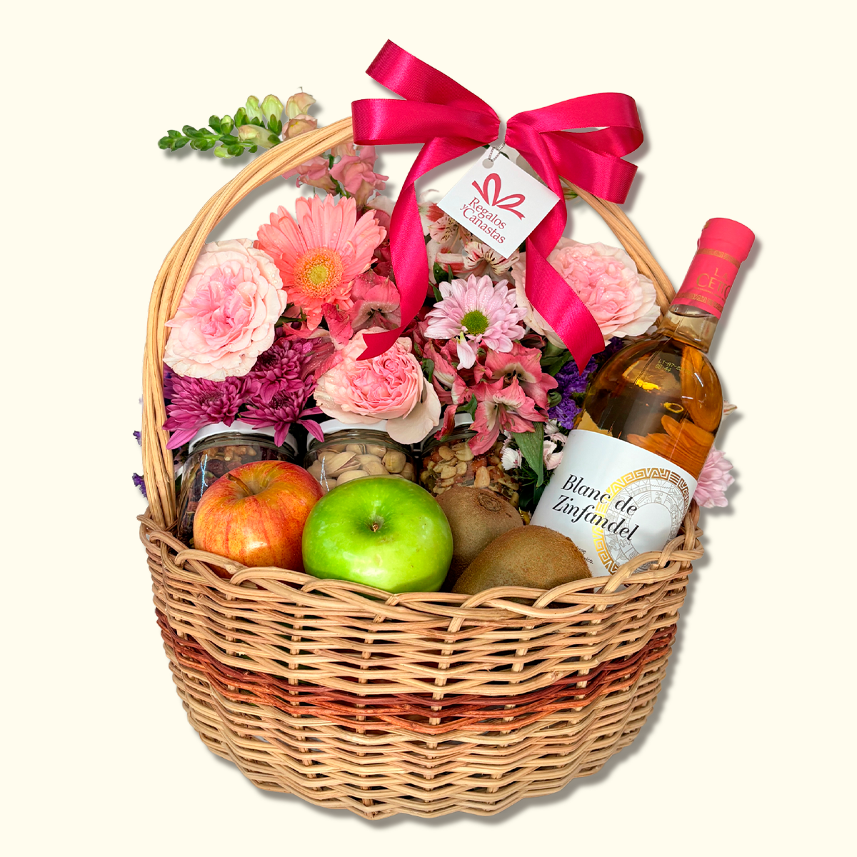 Canasta Mix de Flores, Fruta y Vino