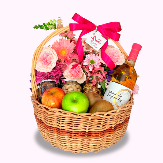 Canasta Mix de Flores, Fruta y Vino